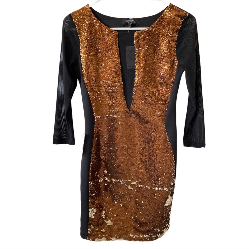BEBE GOLD HEADS WILL TURN SEQUIN DRESS